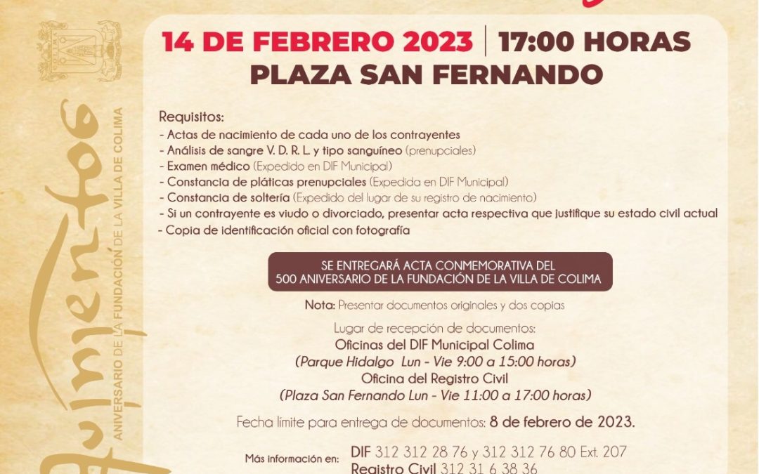 AYUNTAMIENTO DE COLIMA ABRE CONVOCATORIA «MATRIMONIOS CONTIGO 2023»