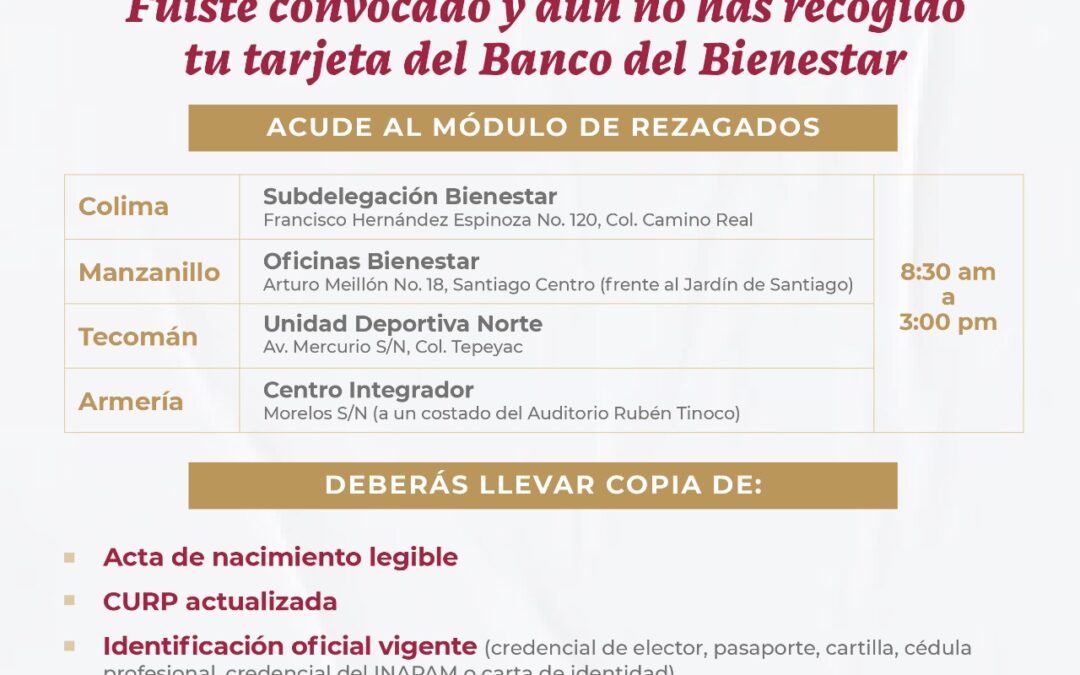 AVISO, DELEGACIÓN PROGRAMAS DEL PARA EL BIENESTAR LLAMA A ADULTOS MAYORES A CAMBIAR SU TARJETA