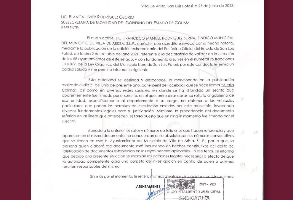 MUNICIPIO DE SLP DESMIENTE OFICIO SOLICITANDO RESPETO A PERMISOS INVÁLIDOS EN COLIMA