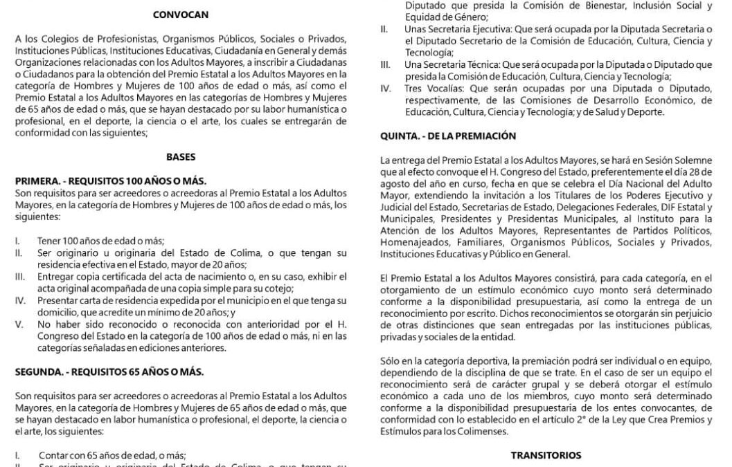 LX LEGISLATURA CONVOCA A INSCRIBIR PROPUESTAS AL PREMIO ESTATAL A LAS Y LOS ADULTOS MAYORES