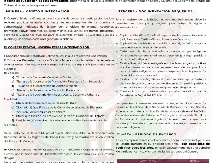SIGUE ABIERTA LA CONVOCATORIA PARA FORMAR PARTE DEL CONSEJO ESTATAL INDÍGENA EN COLIMA