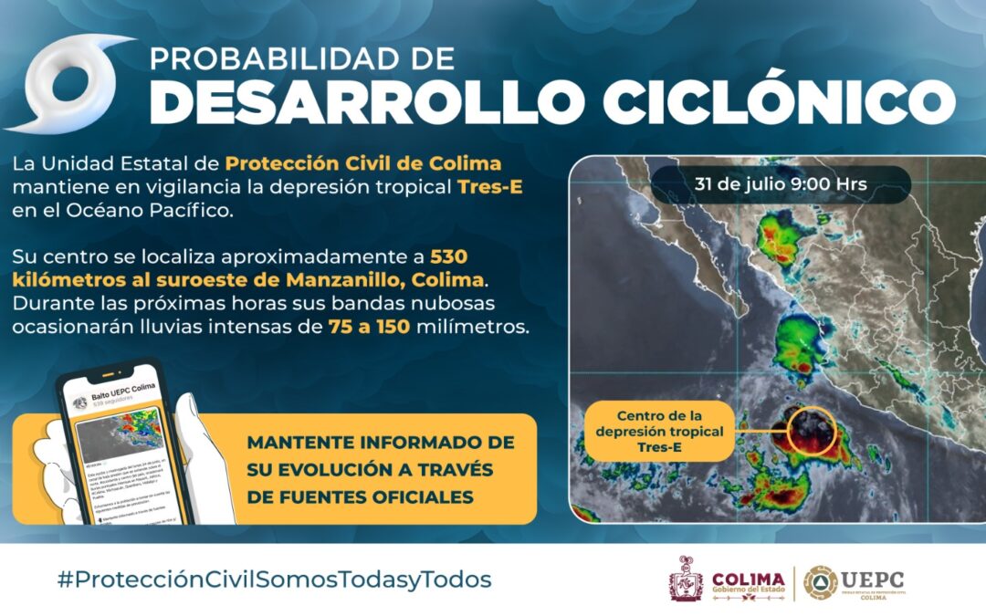 UEPC COLIMA EN ALERTA: SE FORMÓ LA DEPRESIÓN TROPICAL TRES-E Y SU CENTRO ESTÁ AL SUROESTE DE MANZANILLO