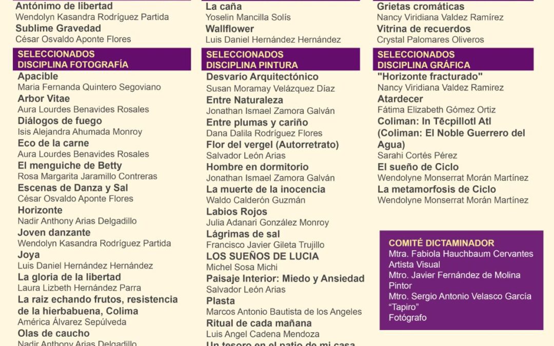 SUBSECRETARÍA DE CULTURA INFORMA RESULTADOS DE LA CONVOCATORIA PARA LA EXPOSICIÓN ESTATAL DE ARTE JOVEN COLIMA 2024