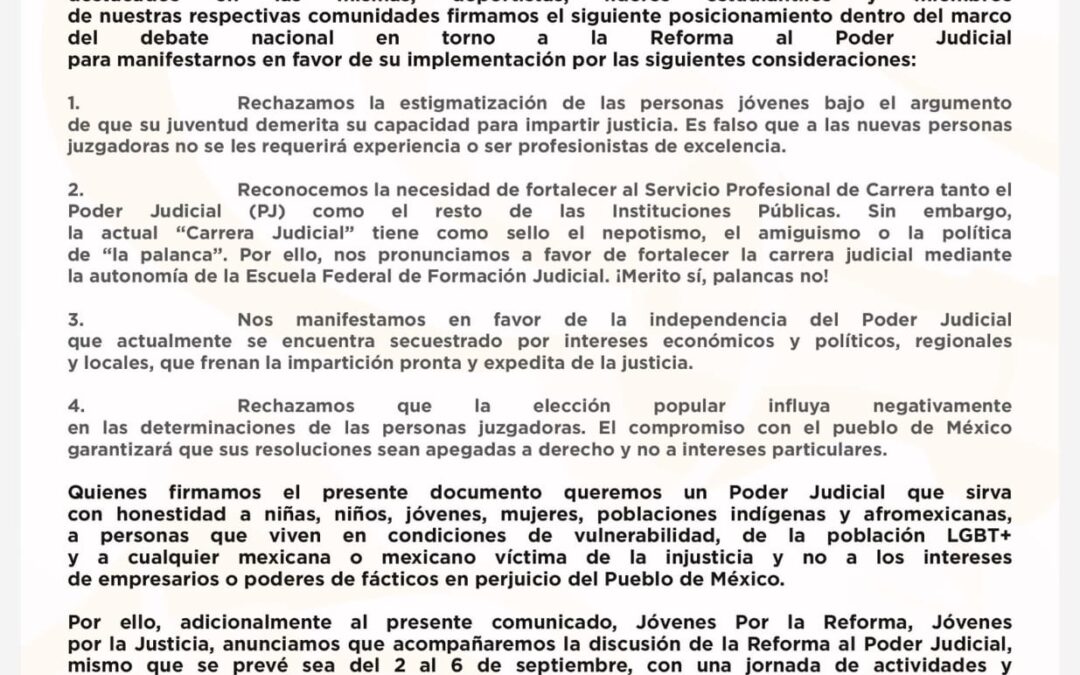 JÓVENES ANUNCIAN RESPALDO A LA REFORMA AL PODER JUDICIAL