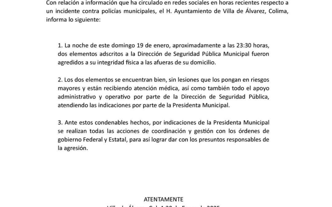ACLARA AYUNTAMIENTO DE VILLA DE ÁLVAREZ SOBRE INCIDENTE DE POLICÍAS
