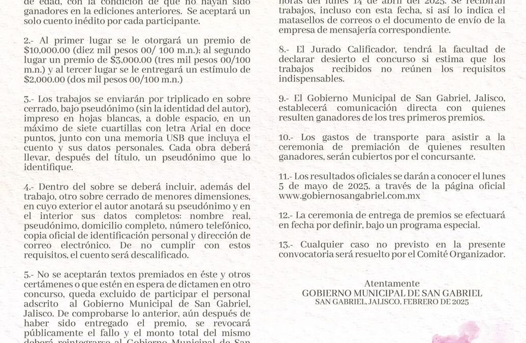 LANZAN COLIMA Y AYUNTAMIENTO DE SAN GABRIEL CONVOCATORIA AL X1X CONCURSO DE CUENTO BIESTATAL JALISCO-COLIMA