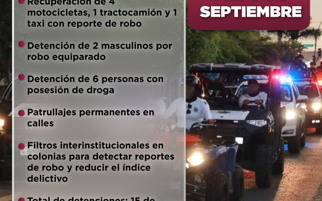 RECUPERACIÓN DE 6 VEHÍCULOS, 8 DETENCIONES POR ROBO Y POSESIÓN DE DROGA: RESULTADOS DE LA SEMANA DE SEGURIDAD PÚBLICA EN MANZANILLO