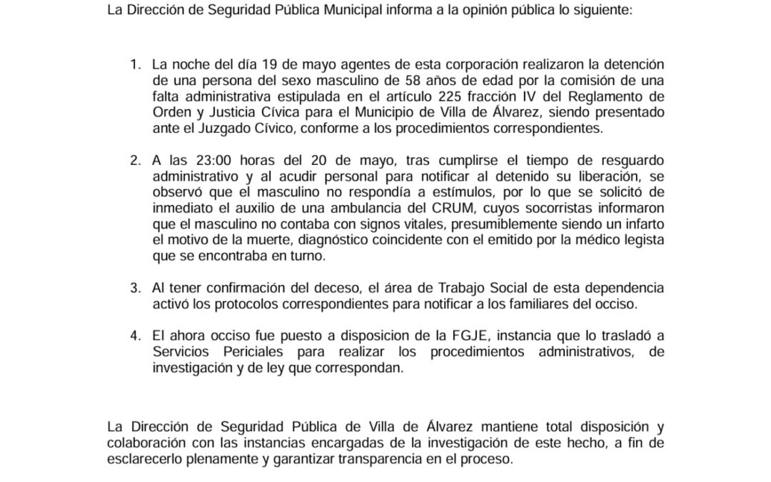 EXPONE AYUNTAMIENTO VILLALVARENSE CON COMUNICADO SOBRE PERSONA FALLECIDA