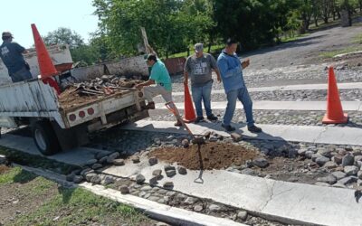 REFUERZA AYUNTAMIENTO MANTENIMIENTO VIAL, REHABILITAN EMPEDRADOS EN AV. CONSTITUCIÓN