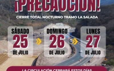 INFORMA SEIDUM COLIMA CIERRE TOTAL NOCTURNO EN LA «SALADA» ESTE SÁBADO, DOMINGO Y LUNES