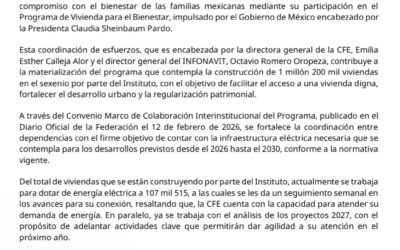 CFE E INFONAVIT MANTIENEN ACCIONES CONJUNTAS EN FAVOR DEL PROGRAMA DE VIVIENDA PARA EL BIENESTAR