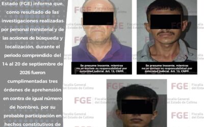 CUMPLIMENTA FGE 3 ÓRDENES DE APREHENSIÓN POR HOMICIDIO, ROBO Y DELITOS CONTRA LA SALUD